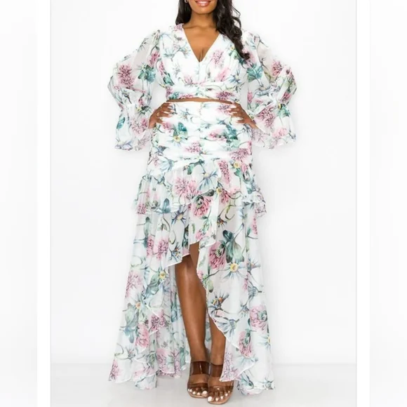 Floral two piece set, long puff sleeve top, and flowy maxi skirt. - Picture 3 of 9